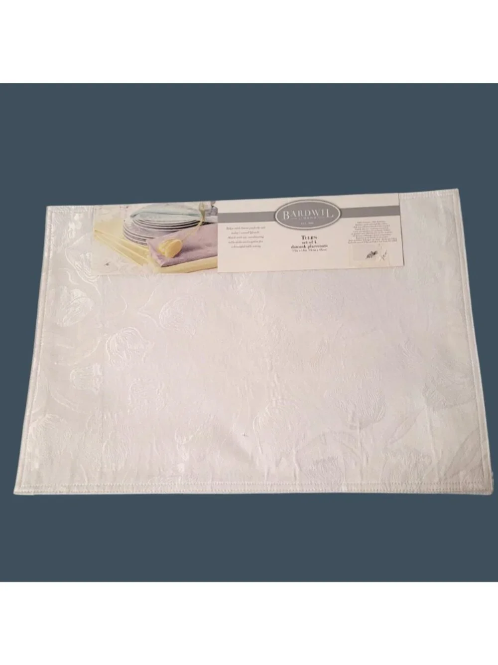 Bardwil Linens Tulips Damask Placemats & Napkins Set Of 4 White New